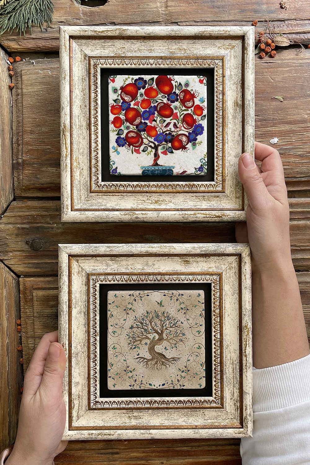 Oscar Stone Decor Çerçeveli Taş Duvar Dekoru Tablo 20x20cm 2'li Set (540-471) Hayat Ağacı Nar Ağacı