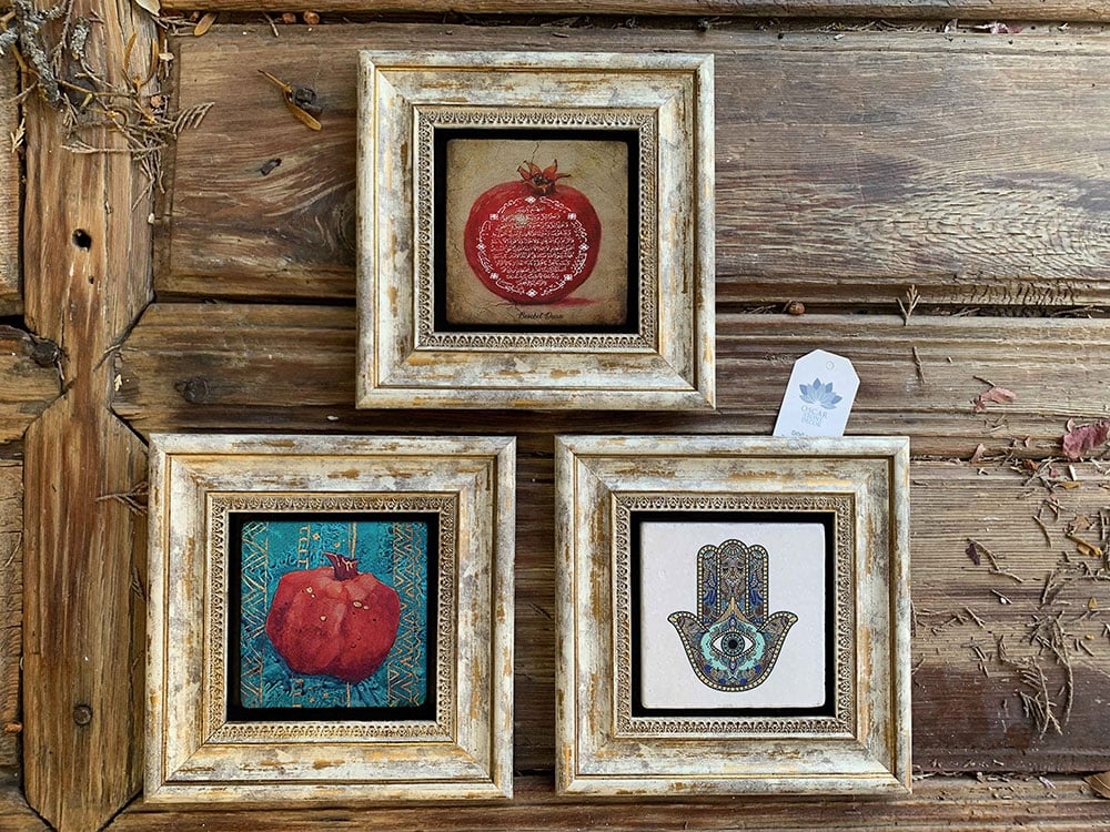 Oscar Stone Decor Çerçeveli Taş Duvar Dekoru Tablo 3'lü Set 20x20cm Nar Tablosu Nar Dua Fatma Ana