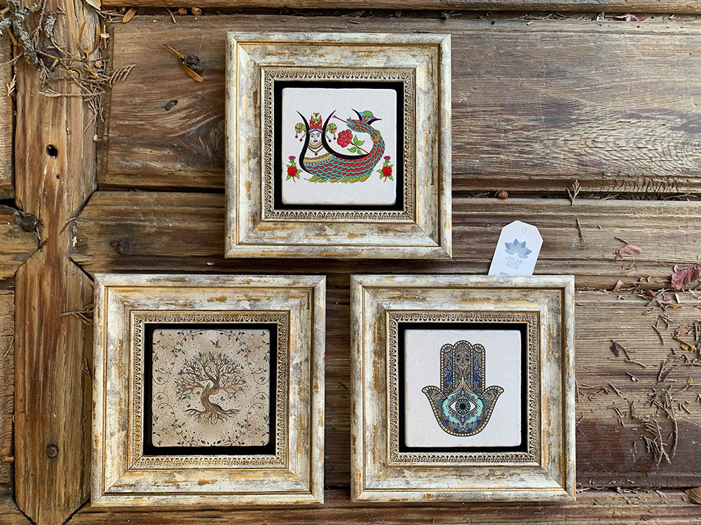 Oscar Stone Decor Çerçeveli Taş Duvar Dekoru Tablo 3'lü Set 20x20cm Hayat Ağacı Şahmeran Fatma Ana