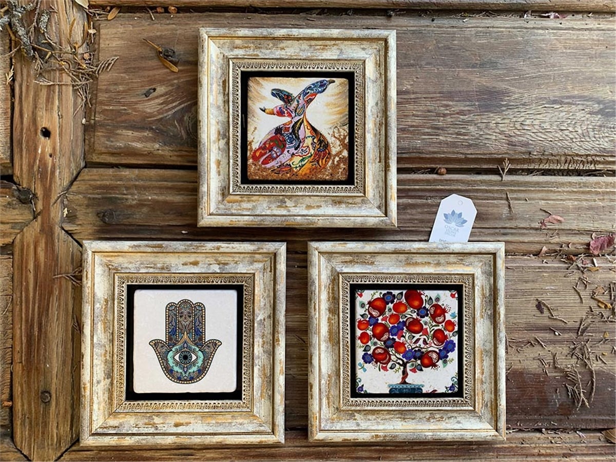 Oscar Stone Decor Çerçeveli Taş Duvar Dekoru 20x20cm 3lü set Nar Ağacı Semazen Mevlana Fatma Ana Eli