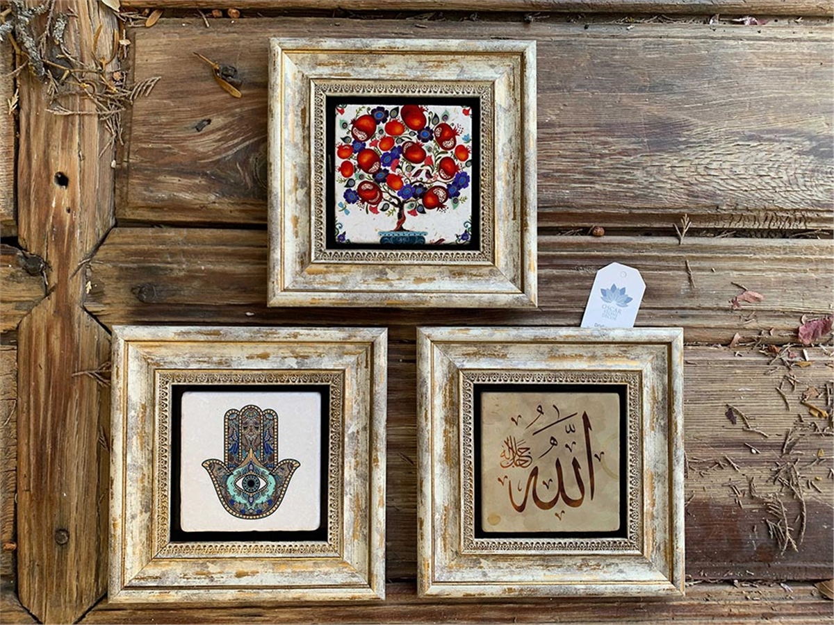 Oscar Stone Decor Çerçeveli Taş Duvar  Dekoru 20x20 cm 3lü set Fatma Ana Eli Nar Ağacı Allah Yazısı