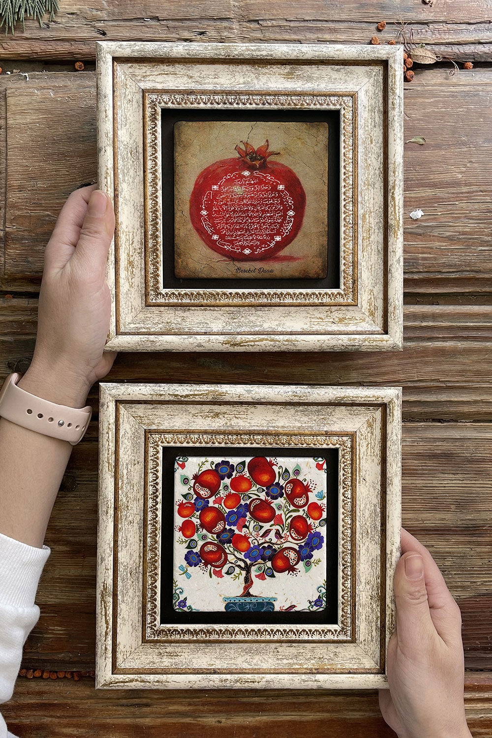 Oscar Stone Decor Çerçeveli Taş Duvar Dekoru Tablo 20x20cm 2'li Set (1104-471) Bereket Nar Ağacı