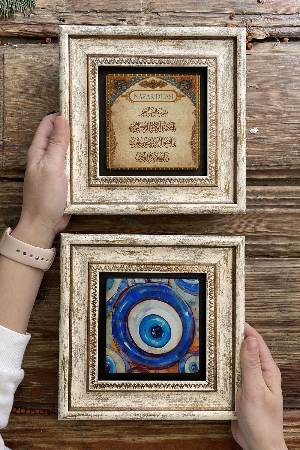 Oscar Stone Decor Çerçeveli Taş Duvar Dekoru Tablo 20x20cm 2'li Set (464-1481) Nazar Nazar Boncuğu