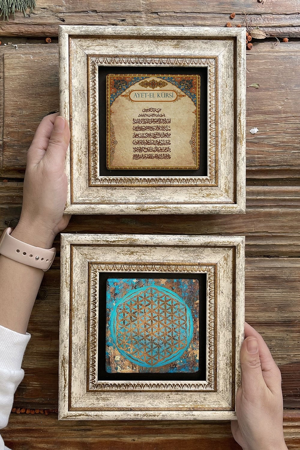 Oscar Stone Decor Çerçeveli Taş Duvar Dekoru Tablo 20x20cm 2'li Set (1090-463) Yaşam Çiçeği Ayetel