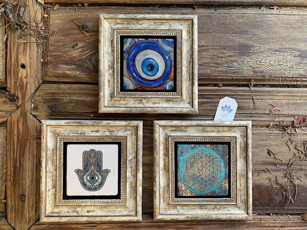 Oscar Stone Decor Çerçeveli Taş Duvar Dekoru Tablo 3'lü Set 20x20cm Yaşam Çiçeği Nazar Fatma Ana