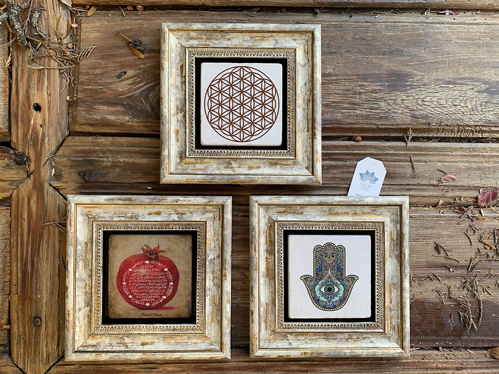 Oscar Stone Decor Çerçeveli Taş Duvar Dekoru Tablo 3'lü Set 20x20cm Fatma Ana Yaşam Çiçeği Nar Dua