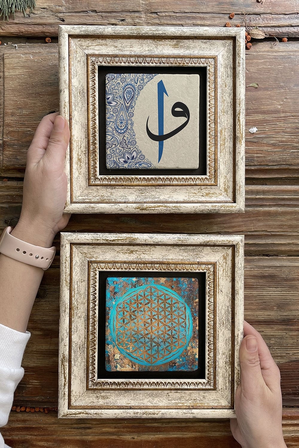 Oscar Stone Decor Çerçeveli Taş Duvar Dekoru Tablo 20x20cm 2'li Set (1090-353) Yaşam Çiçek Vav Elif