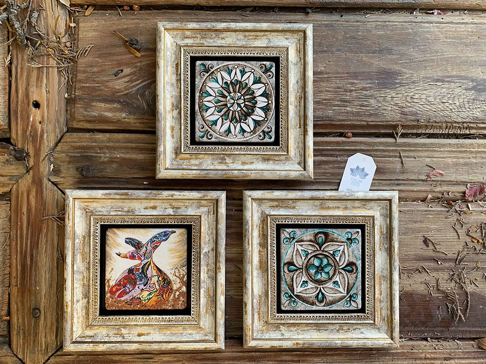 Oscar Stone Decor Çerçeveli Taş Duvar Dekoru Tablo 3'lü Set 20x20cm Desen Seti ve Semazen