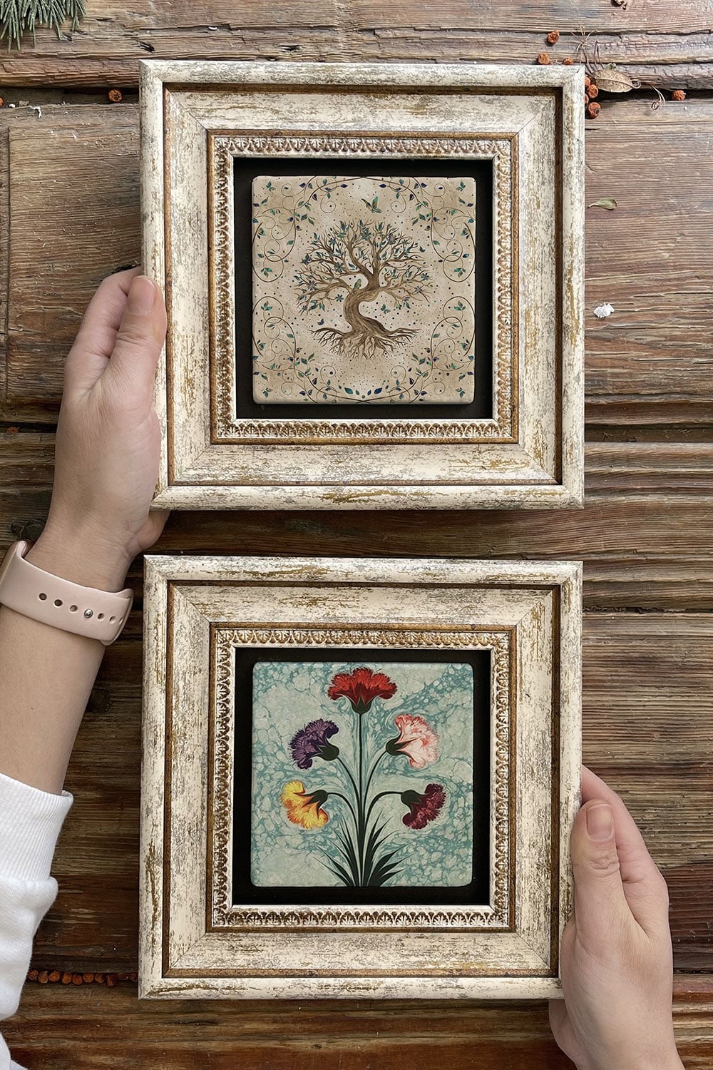 Oscar Stone Decor Çerçeveli Taş Duvar Dekoru Tablo 20x20cm 2'li Set (540-1224) Hayat Ağacı Ebruli