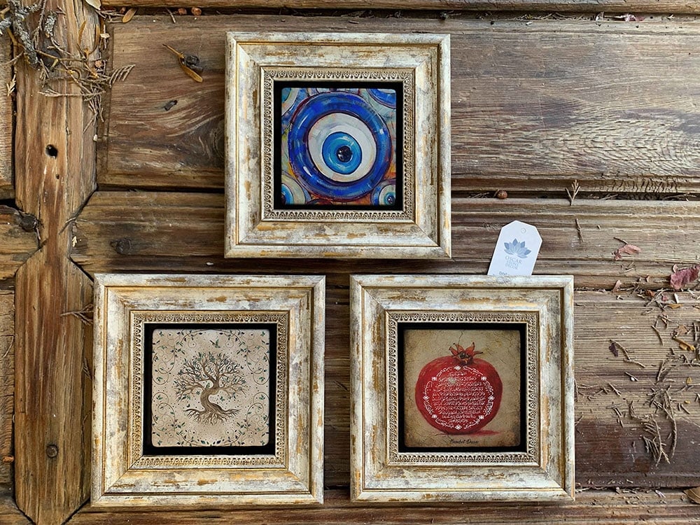 Oscar Stone Decor Çerçeveli Taş Duvar Dekoru Tablo 3'lü Set 20x20cm Nazar Boncuk Hayat Ağaç Nar Dua