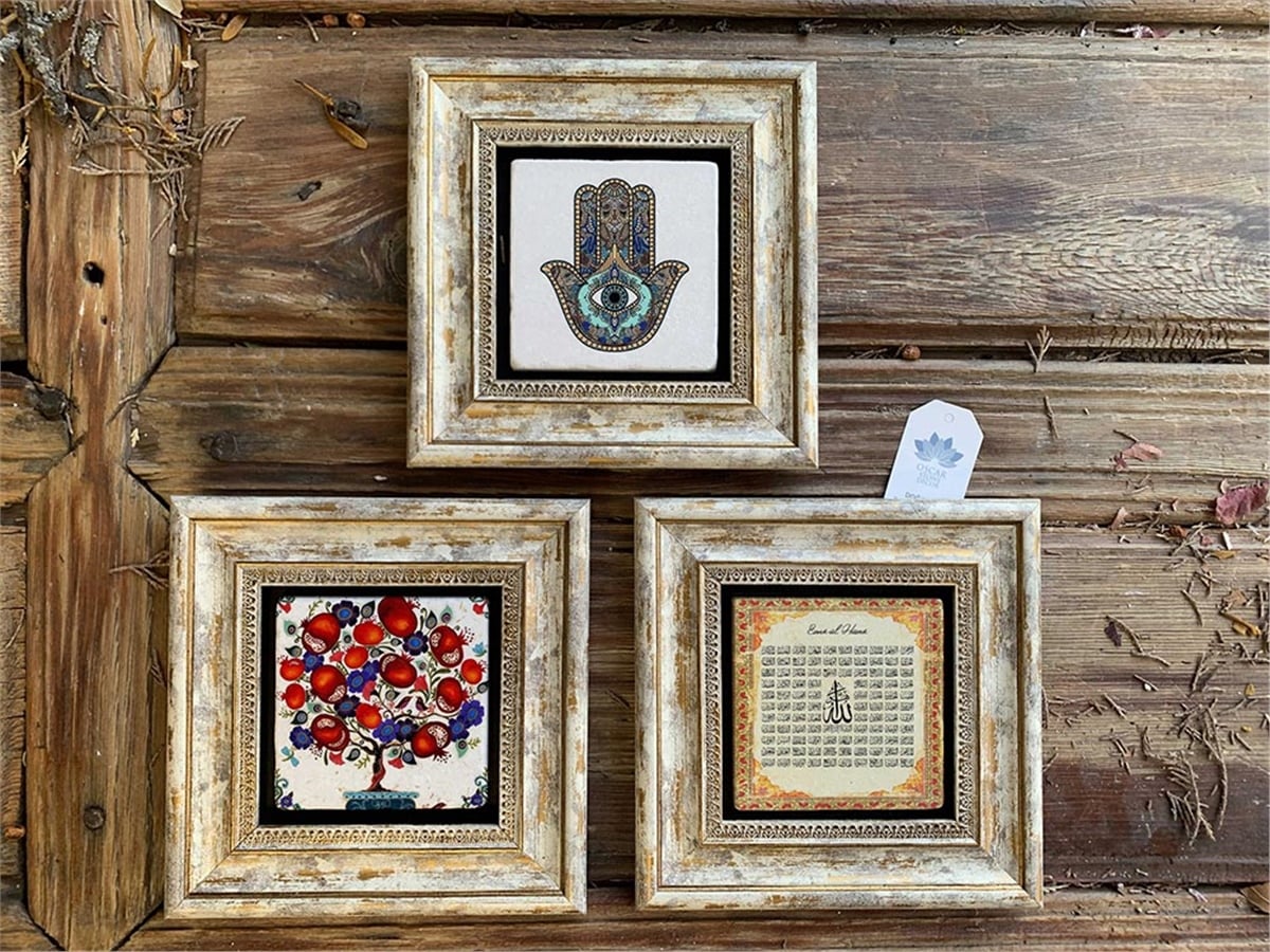 Oscar Stone Decor Çerçeveli Taş Duvar  Dekoru 20x20cm 3 lü set Fatma Ana Eli Nar Ağacı  Esmaül Hüsna