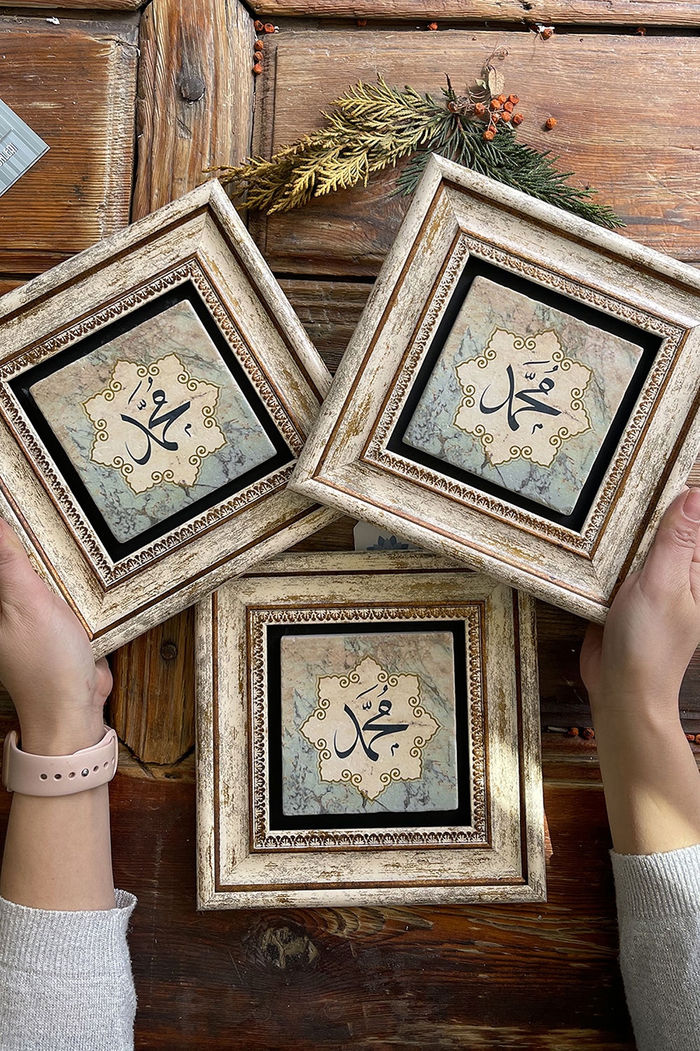 Oscar Stone Decor Çerçeveli Taş Duvar Dekoru Tablo 20x20cm 3'lü Set Muhammed