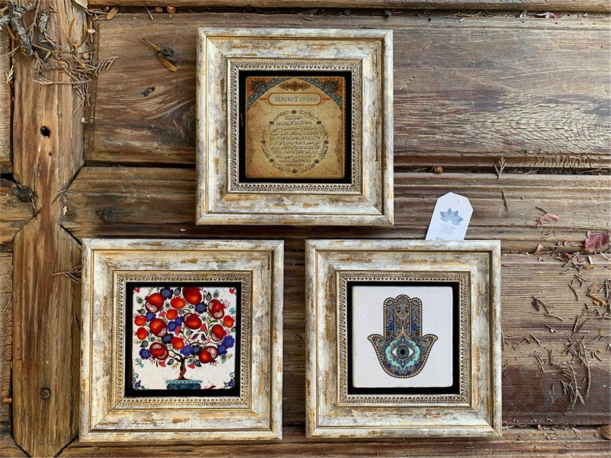 Oscar Stone Decor Çerçeveli Taş Duvar  Dekoru 20 x 20 cm Nar Ağacı Bereket Fatma Ana Eli