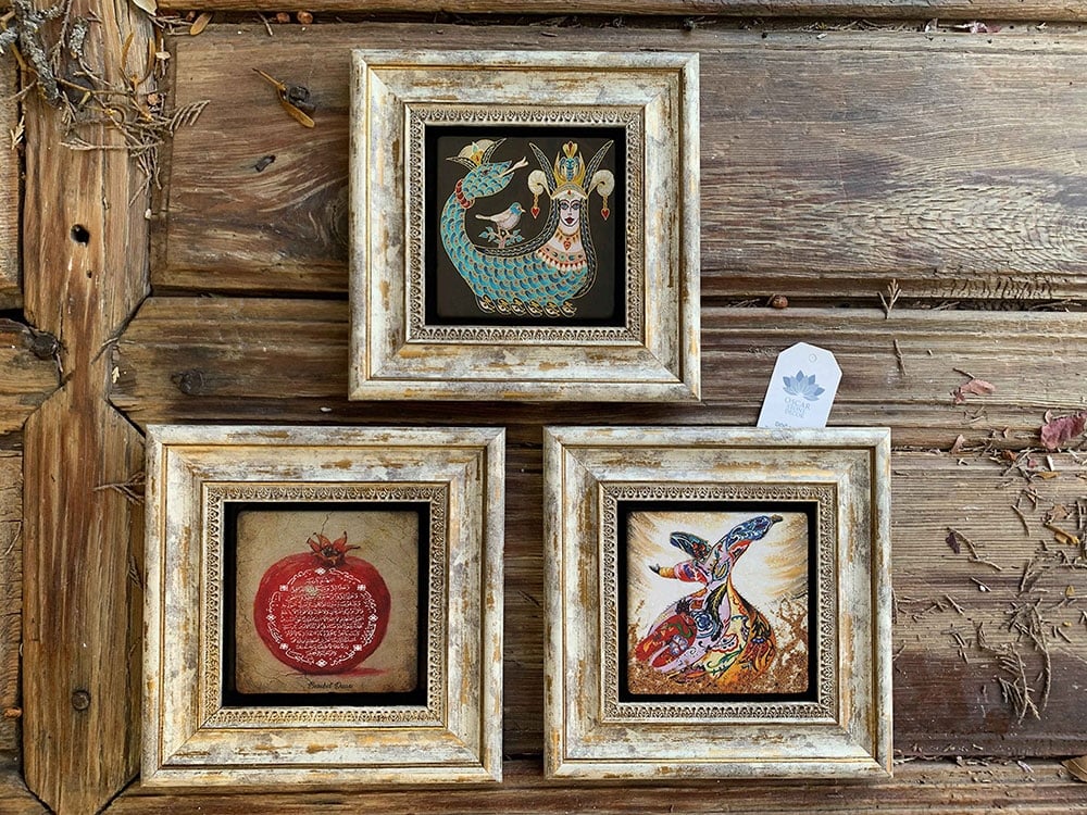Oscar Stone Decor Çerçeveli Taş Duvar Dekoru Tablo 3'lü Set 20x20cm Semazen Nar Dua Şahmeran