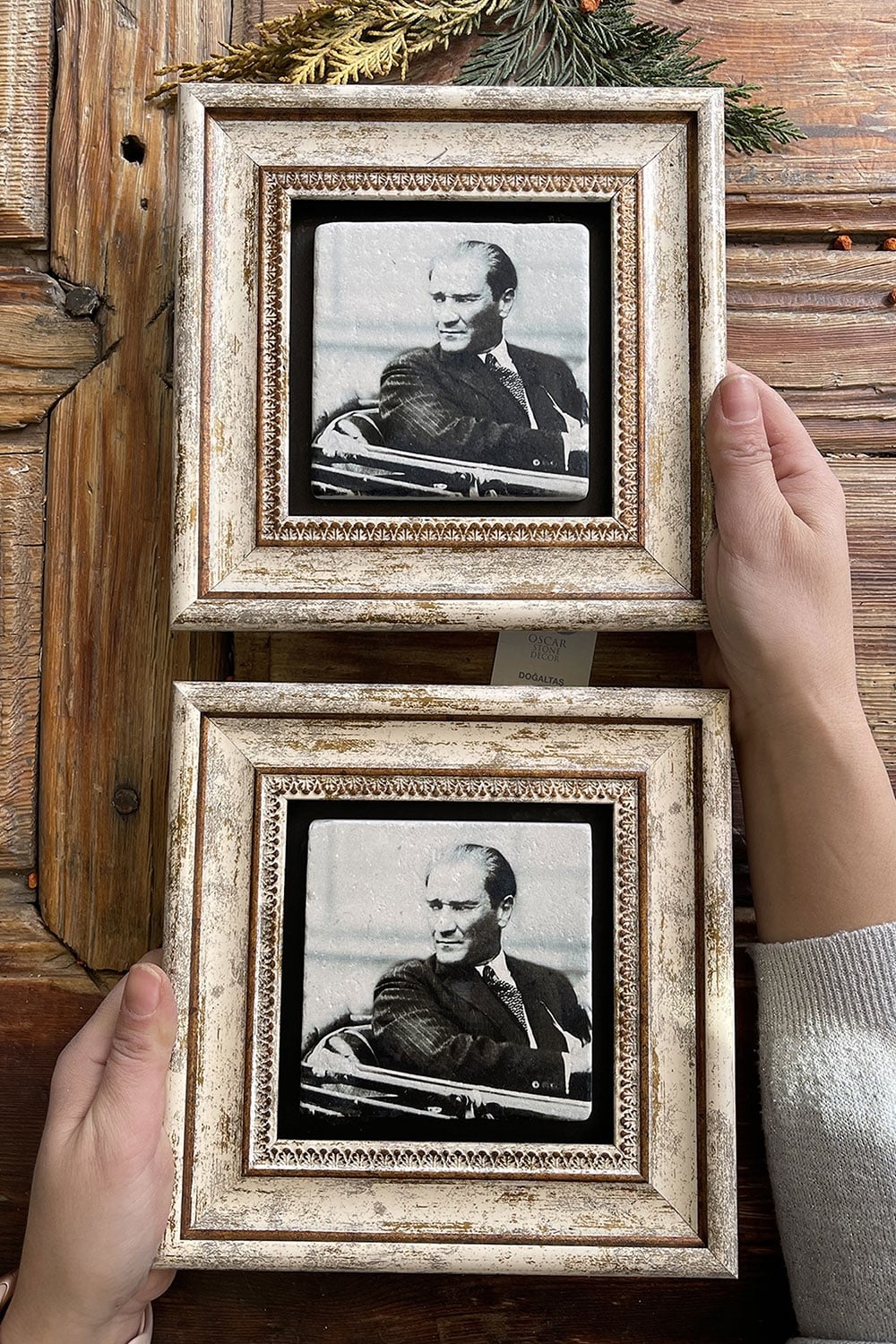 Oscar Stone Decor Çerçeveli Taş Duvar Dekoru Tablo 20x20cm 2'li Set Atatürk
