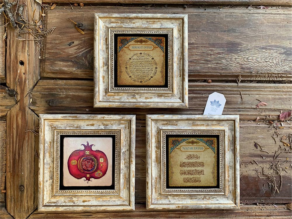 Oscar Stone Decor Çerçeveli Taş Duvar  Dekoru 20 x 20 cm 3 lü set- Nar Bereket ve Nazar Duası