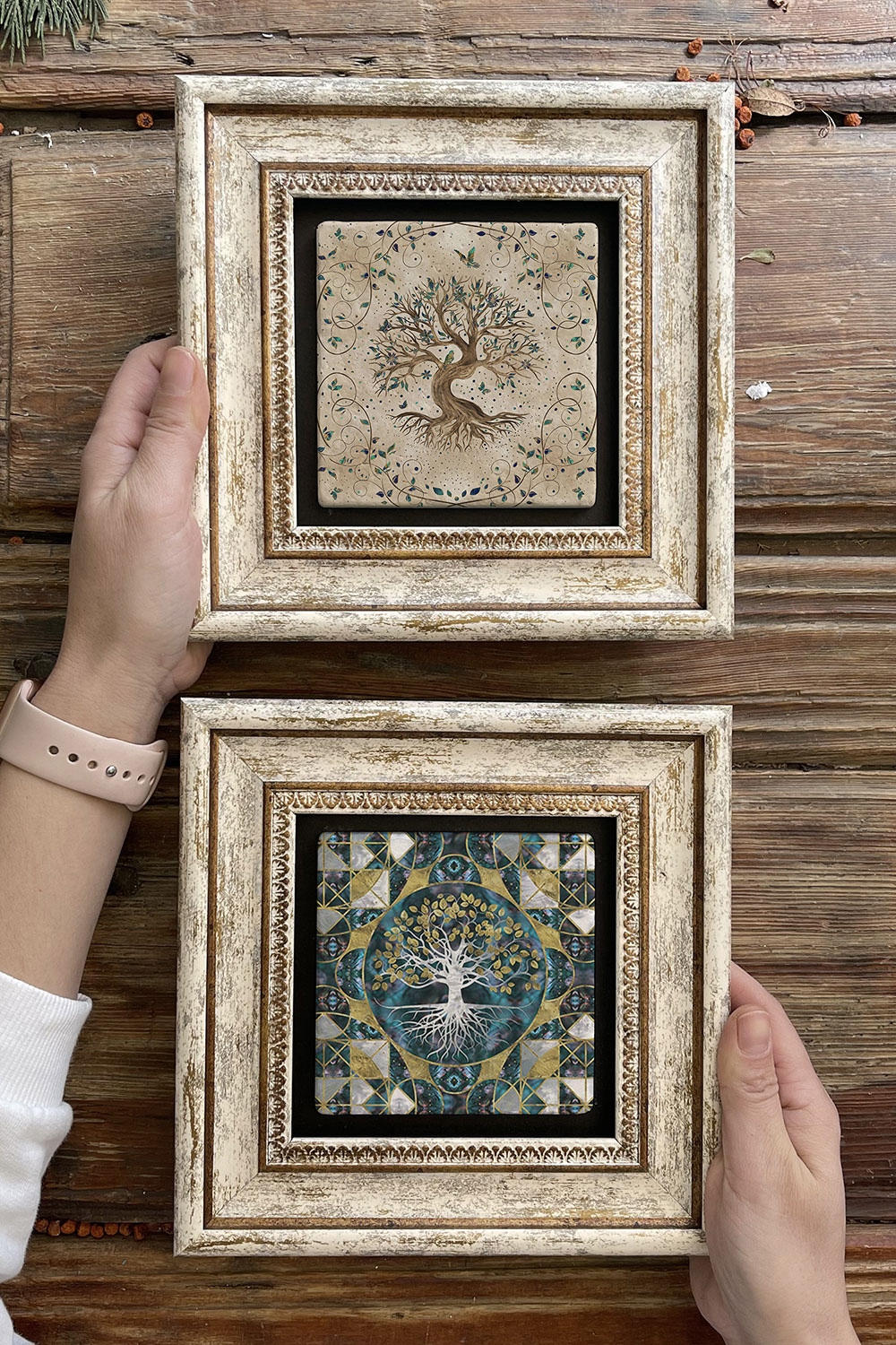 Oscar Stone Decor Çerçeveli Taş Duvar Dekoru Tablo 20x20cm 2'li Set (540-541) Hayat Ağacı