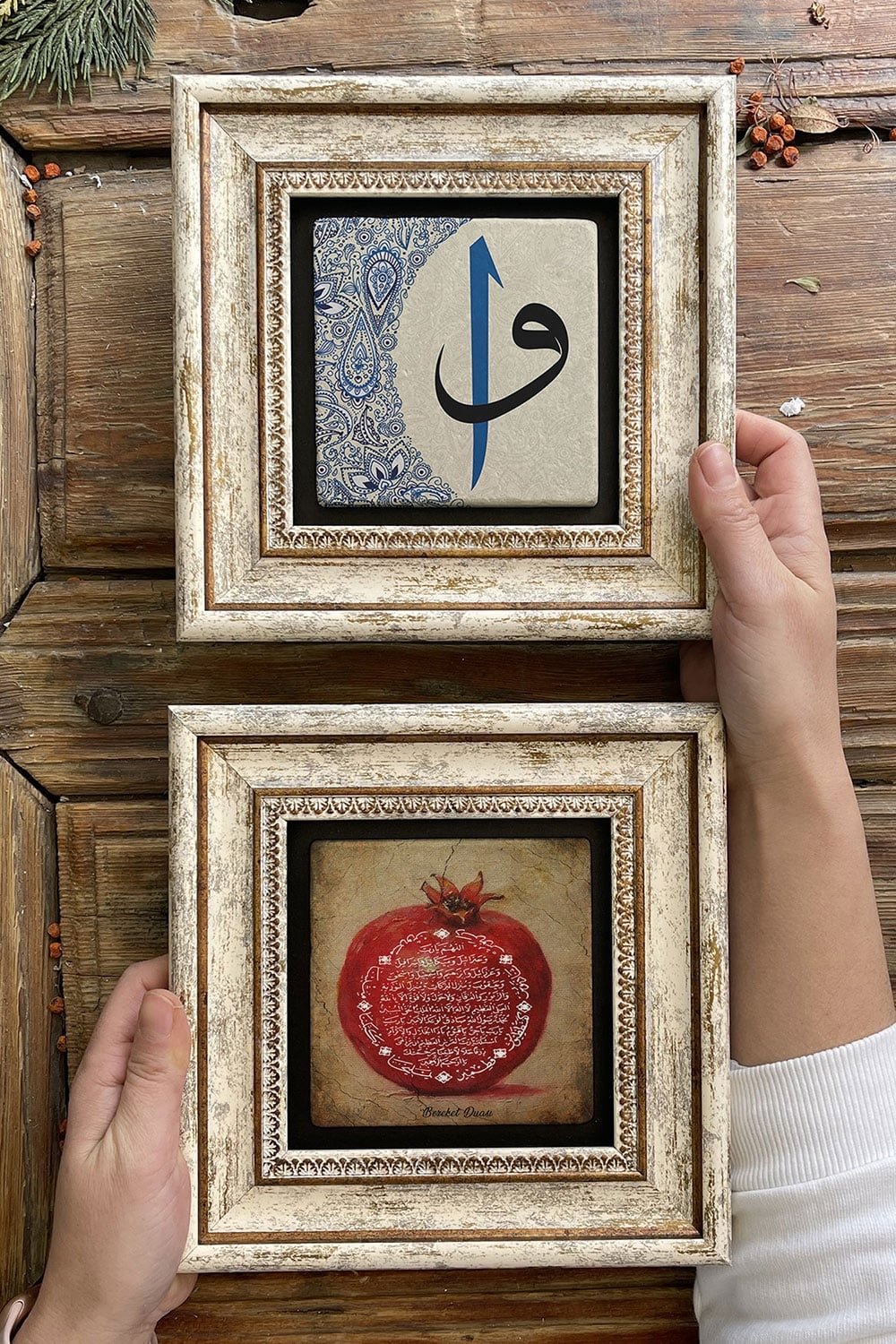 Oscar Stone Decor Çerçeveli Taş Duvar Dekoru Tablo 20x20cm 2'li Set (1104-353) Bereket Nar Vav Elif