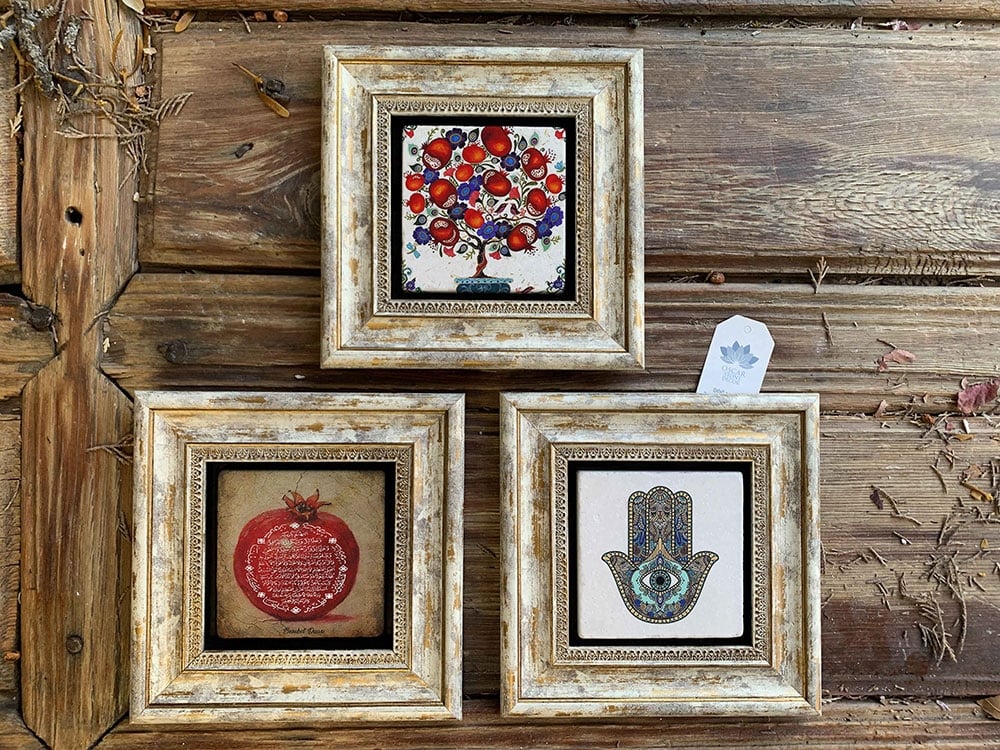 Oscar Stone Decor Çerçeveli Taş Duvar Dekoru Tablo 3'lü Set 20x20cm Nar Dua Nar Ağacı Fatma Ana