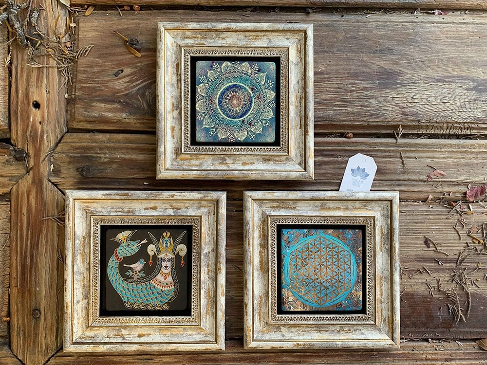 Oscar Stone Decor Çerçeveli Taş Duvar Dekoru Tablo 3'lü Set 20x20cm Şahmeran Yaşam Çiçeği Desen