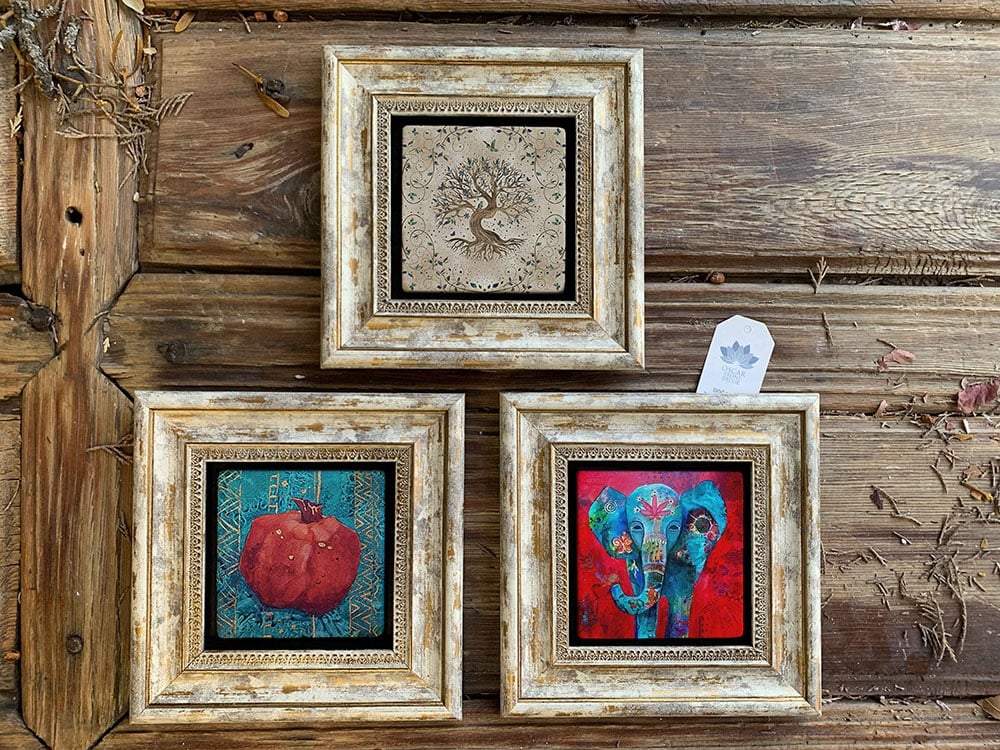 Oscar Stone Decor Çerçeveli Taş Duvar Dekoru Tablo 3'lü Set 20x20cm Hayat Ağacı Fil Nar