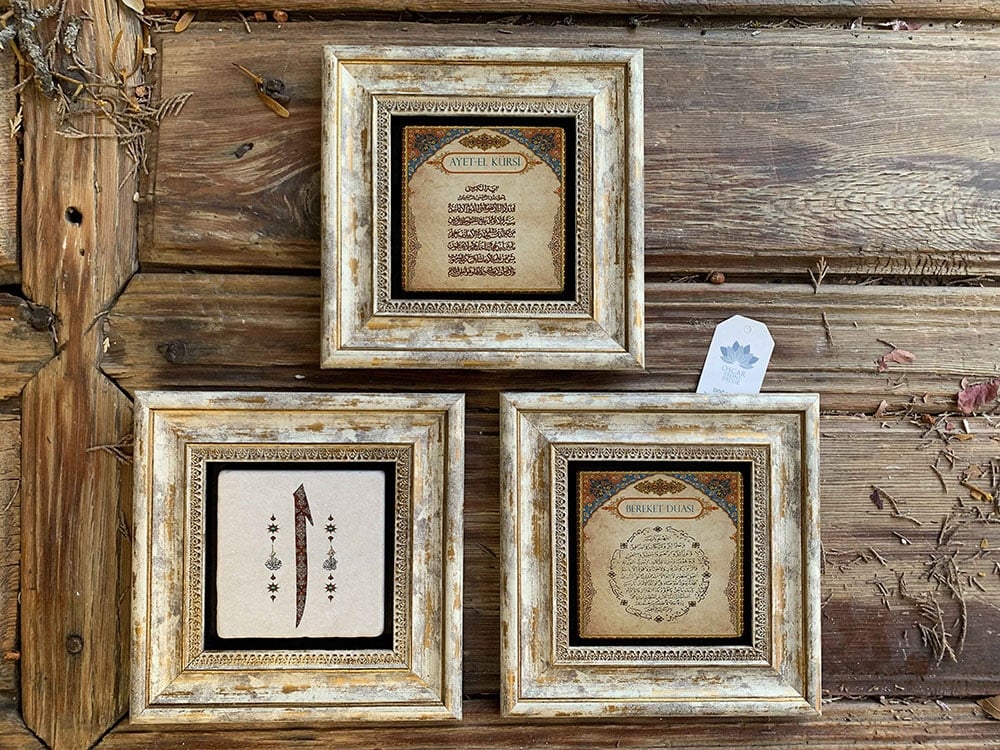 Oscar Stone Decor Çerçeveli Taş Duvar Dekoru Tablo 3'lü Set 20x20cm Ayetel Kürsi Bereket Duası Elif