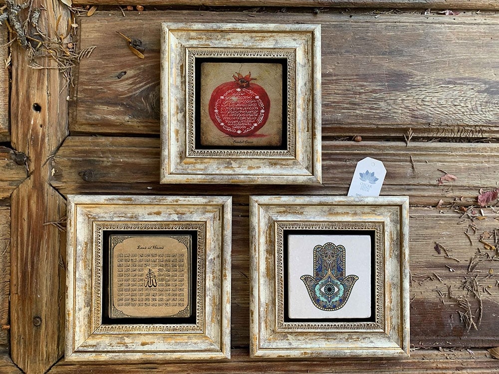 Oscar Stone Decor Çerçeveli Taş Duvar Dekoru Tablo 3'lü Set 20x20cm Fatma Ana Esmaül Hüsna Nar Dua