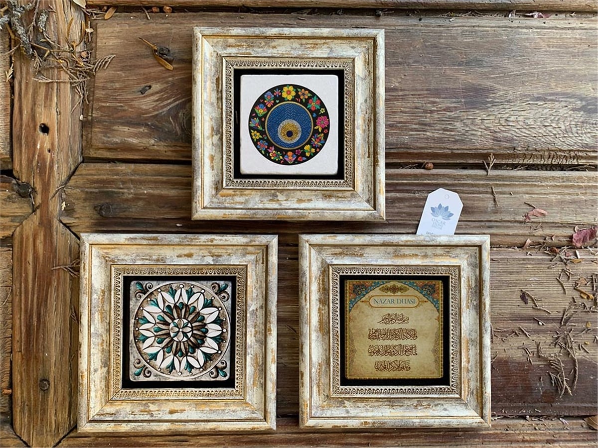 Oscar Stone Decor Çerçeveli Taş Duvar  Dekoru 20 x 20 cm 3lü set Desen Nazar Boncuğu ve Duası