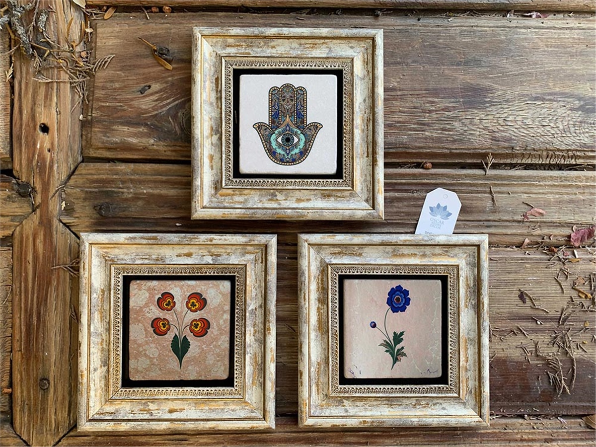 Oscar Stone Decor Çerçeveli Taş Duvar  Dekoru 20 x 20 cm 3 lü set Fatma Ana Eli Ebruli Çiçek Lale