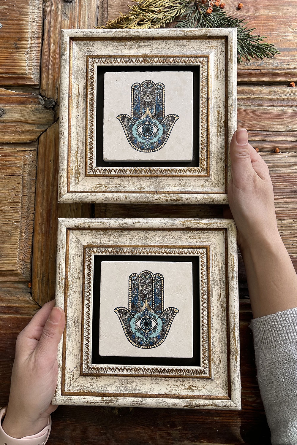 Oscar Stone Decor Çerçeveli Taş Duvar Dekoru Tablo 20x20cm 2'li Set Fatma Ana Eli