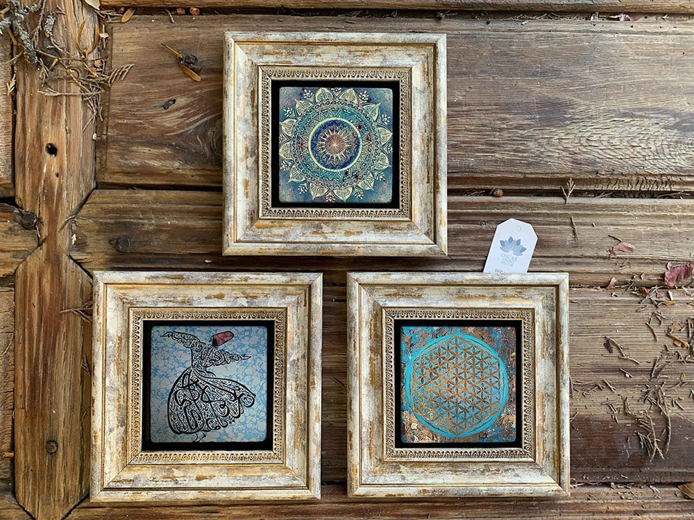 Oscar Stone Decor Çerçeveli Taş Duvar Dekoru Tablo 3'lü Set 20x20cm Yaşam Çiçeği Desen Semazen