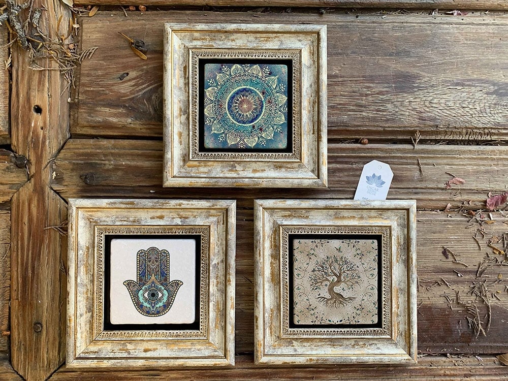 Oscar Stone Decor Çerçeveli Taş Duvar Dekoru Tablo 3'lü Set 20x20cm Hayat Ağacı Desen Fatma Ana Eli