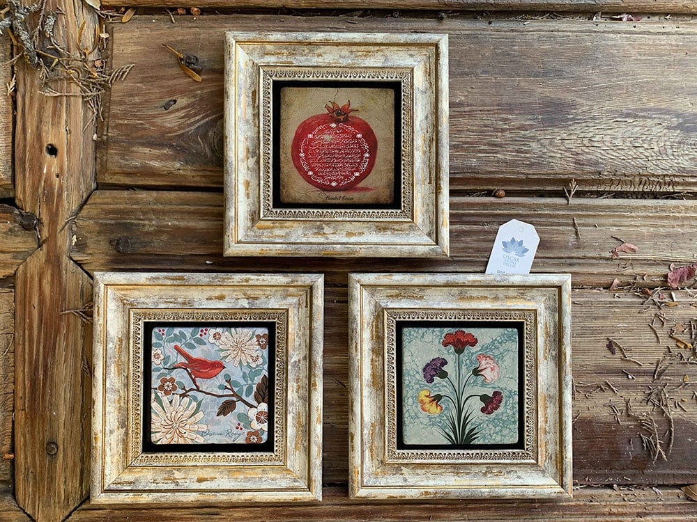 Oscar Stone Decor Çerçeveli Taş Duvar Dekoru Tablo 3'lü Set 20x20cm Nar Dua Kuş ve Ebruli