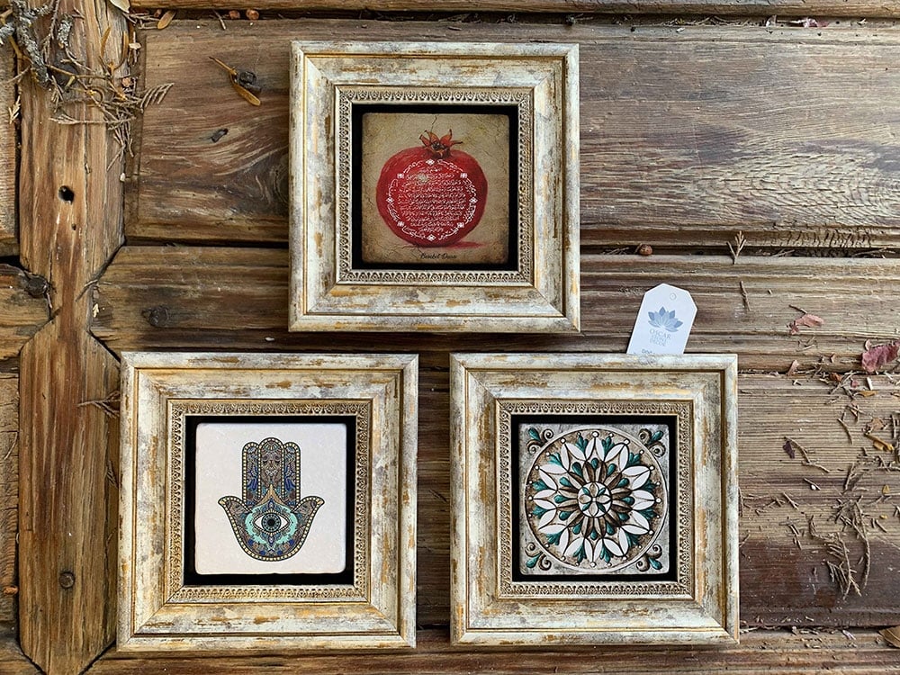 Oscar Stone Decor Çerçeveli Taş Duvar Dekoru Tablo 3'lü Set 20x20cm Fatma Ana Eli Desen Nar Duası