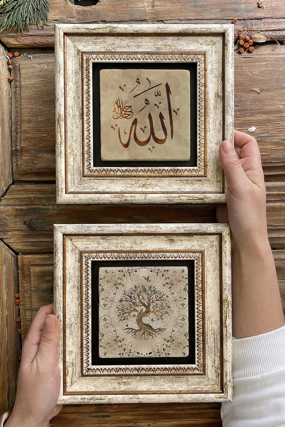 Oscar Stone Decor Çerçeveli Taş Duvar Dekoru Tablo 20x20cm 2'li Set (540-414) Hayat Ağacı Allah