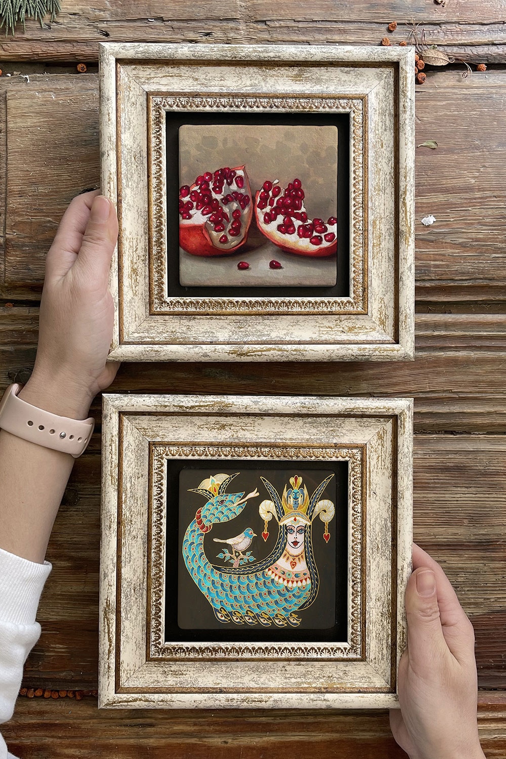 Oscar Stone Decor Çerçeveli Taş Duvar Dekoru Tablo 20x20cm 2'li Set (1213-476) Şahmeran Nar