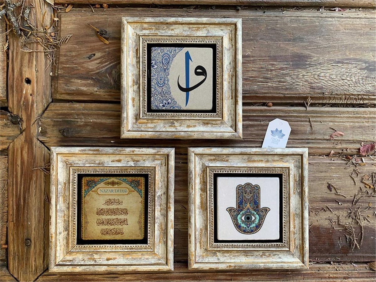 Oscar Stone Decor Çerçeveli Taş Duvar  Dekoru  20x20 cm 3lü set Fatma Ana Eli Nazar Duası Vav-Elif