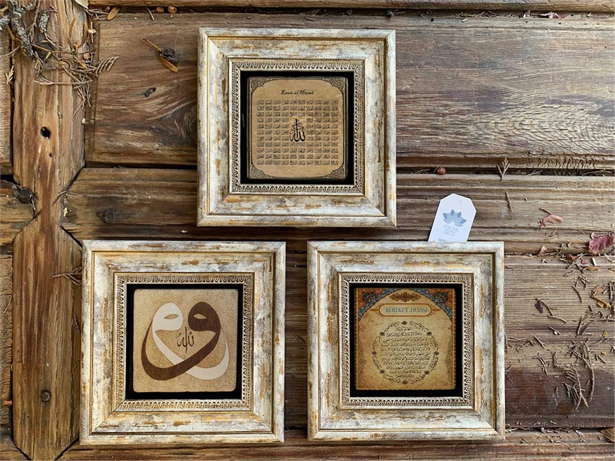 Oscar Stone Decor Çerçeveli Taş Duvar  Dekoru 20 x 20 cm 3 lü set Vav Bereket Esmaül Hüsna