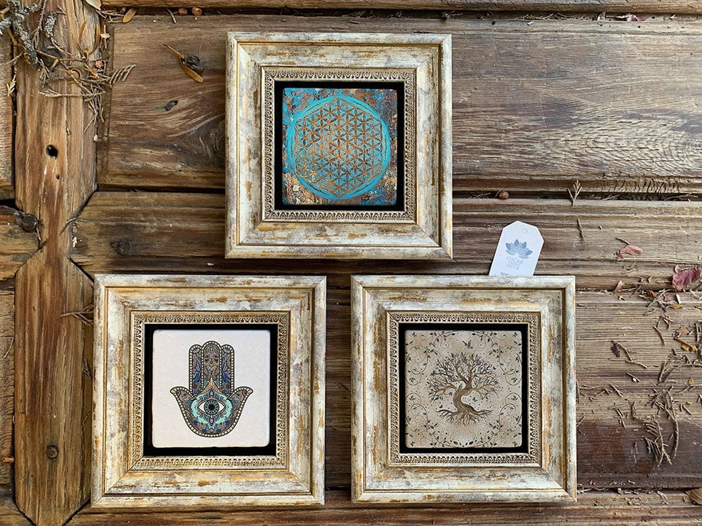 Oscar Stone Decor Çerçeveli Taş Duvar Dekoru Tablo 3'lü Set 20x20cm Yaşam Çiçek Fatma Ana Life Tree