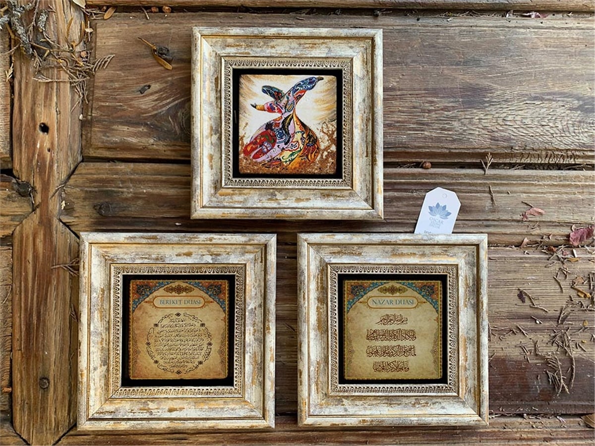 Oscar Stone Decor Çerçeveli Taş Duvar  Dekoru 20 x 20 cm 3 lü set Semazen Bereket ve Nazar Duası