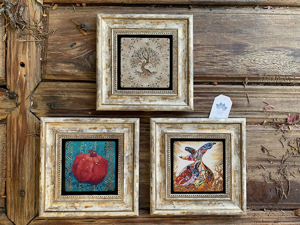 Oscar Stone Decor Çerçeveli Taş Duvar Dekoru Tablo 3'lü Set 20x20cm Semzen Hayat Ağacı Nar
