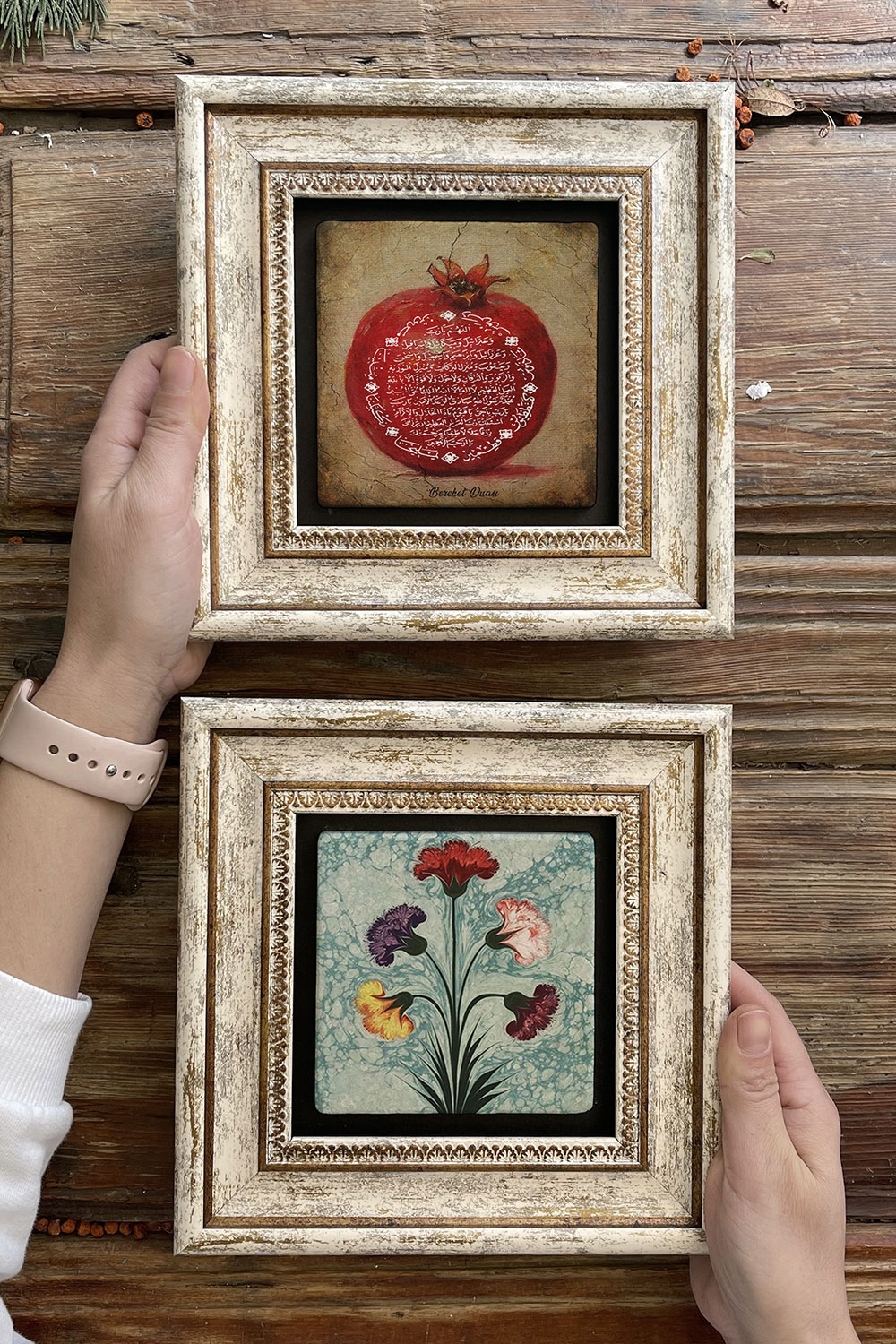 Oscar Stone Decor Çerçeveli Taş Duvar Dekoru Tablo 20x20cm 2'li Set (1104-1224) Bereket Nar Ebruli
