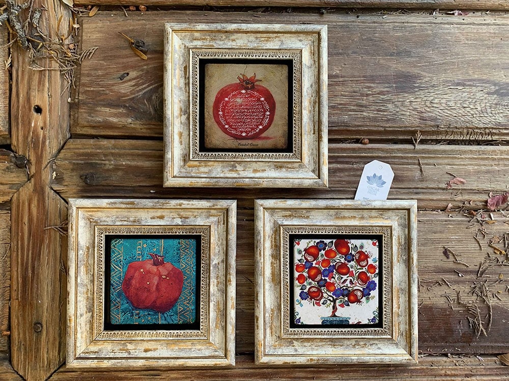 Oscar Stone Decor Çerçeveli Taş Duvar Dekoru Tablo 3'lü Set 20x20cm Nar Tablosu Nar Dua Nar Ağacı