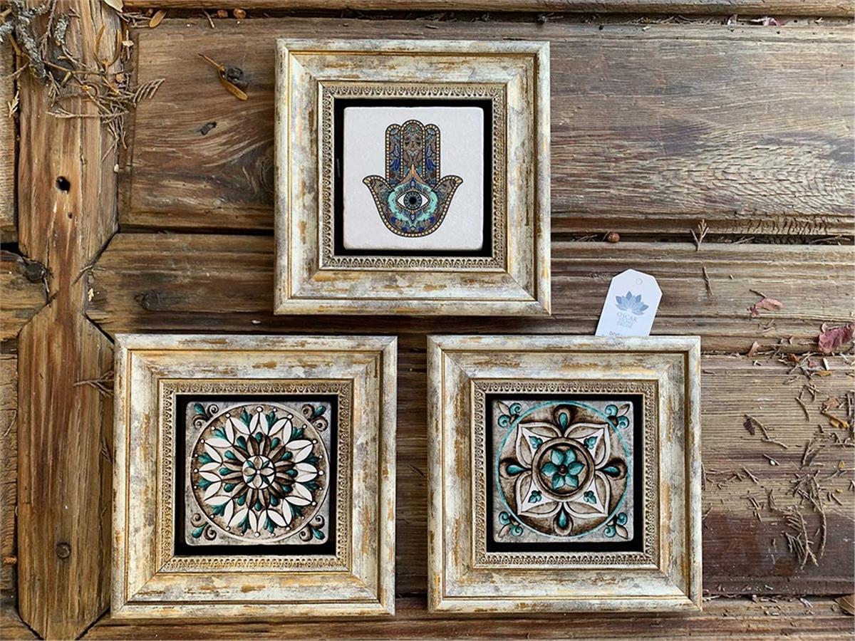 Oscar Stone Decor Çerçeveli Taş Duvar  Dekoru 20 x 20 cm Fatıma Fatma Ana Eli desen