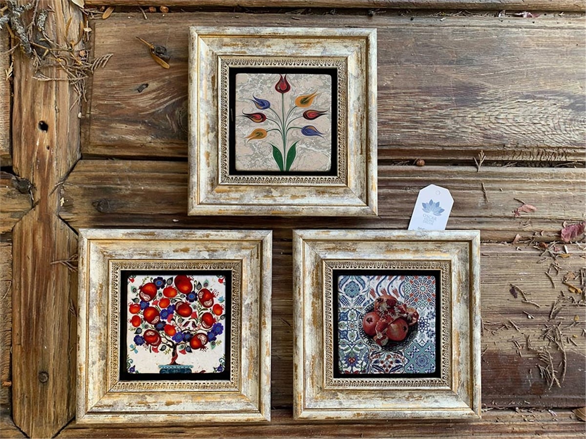 Oscar Stone Decor Çerçeveli Taş Duvar  Dekoru  20 x 20 cm 3 lü set Nar Ebruli ve Nar Ağacı