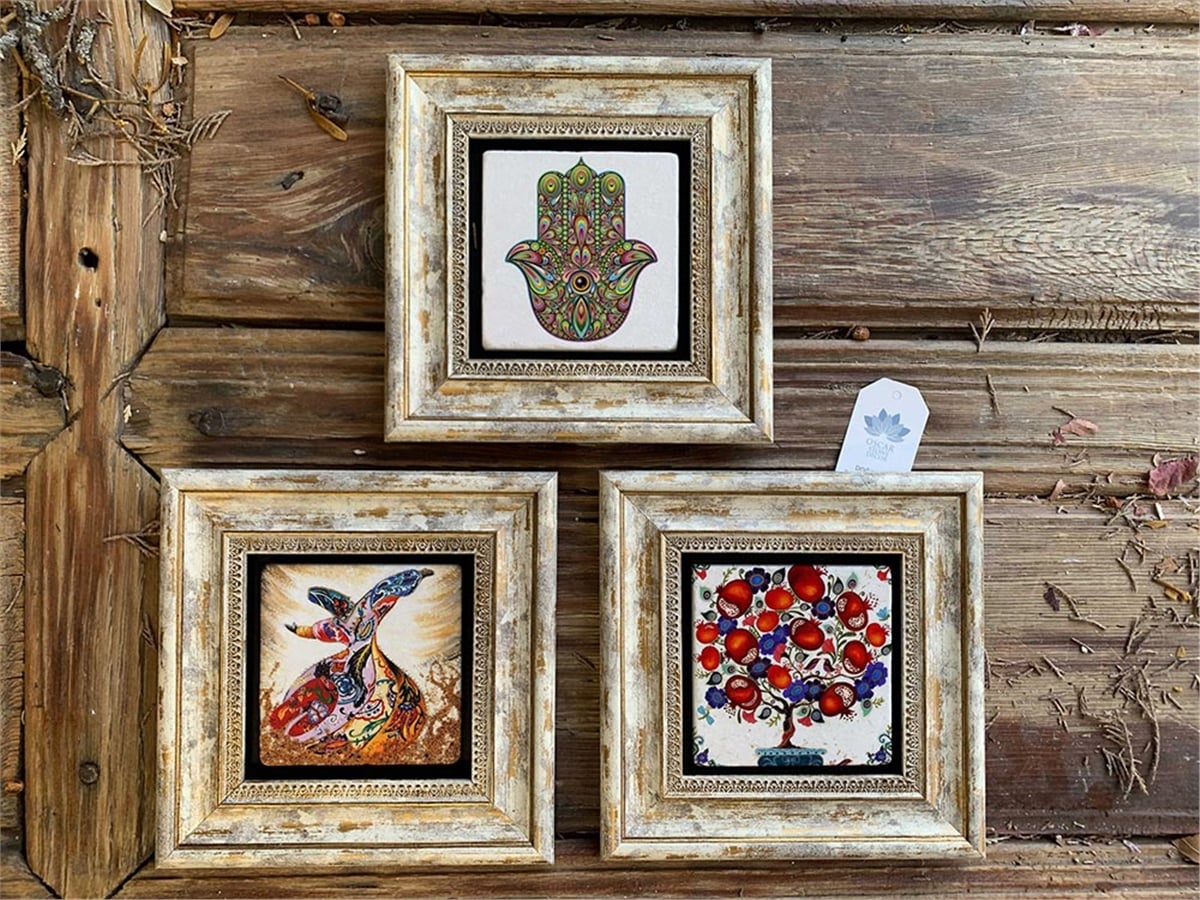 Oscar Stone Decor Çerçeveli Taş Duvar  Dekoru 20 x 20 cm 3 lü set Fatma Ana Eli Nar Ağacı Semazen