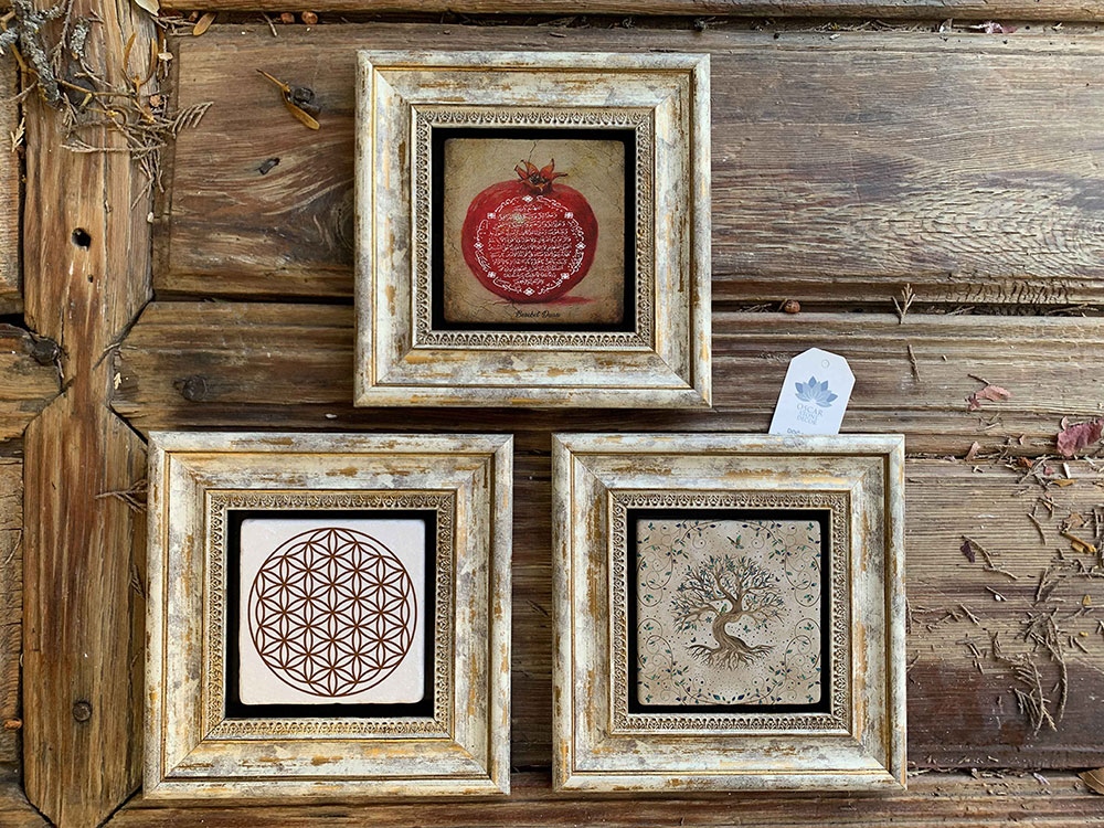 Oscar Stone Decor Çerçeveli Taş Duvar Dekoru Tablo 3'lü Set 20x20cm Hayat Ağacı Yaşam Çiçek Nar Dua