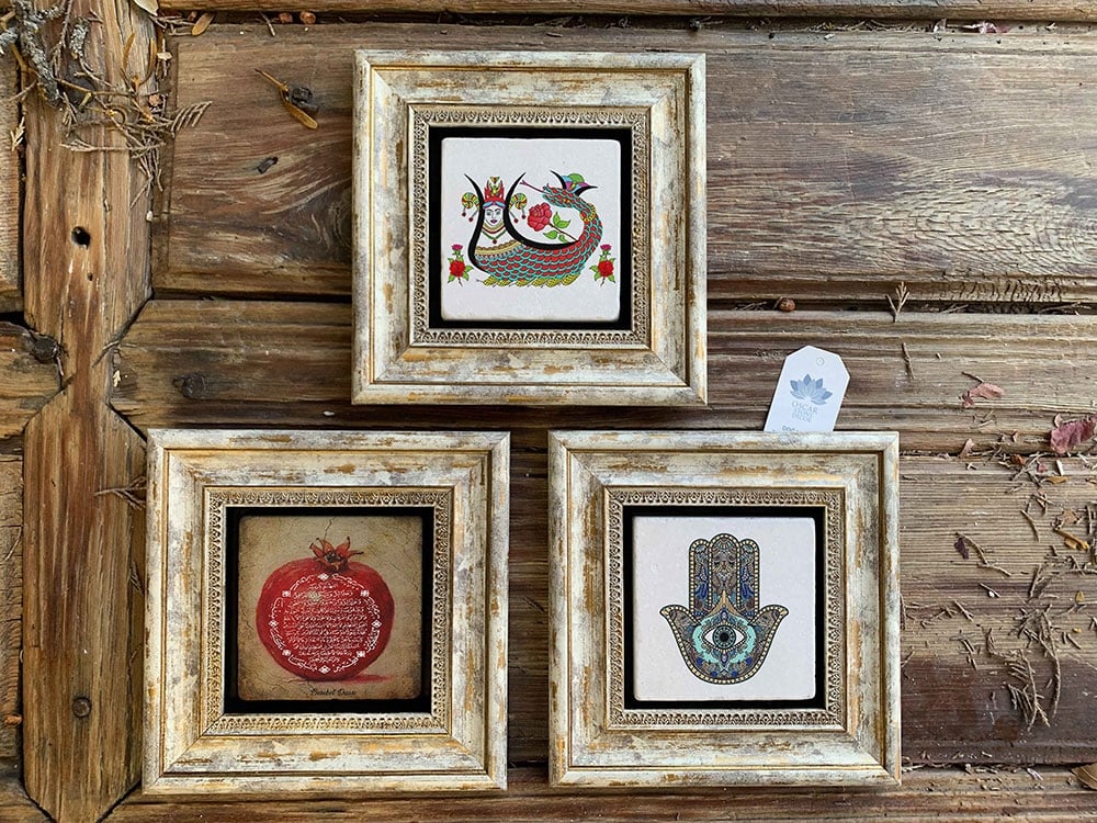 Oscar Stone Decor Çerçeveli Taş Duvar Dekoru Tablo 3'lü Set 20x20cm Fatma Ana Nar Şahmeran