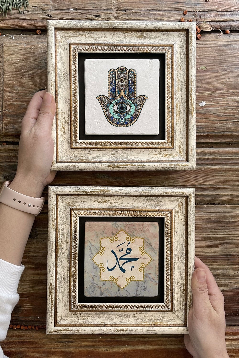 Oscar Stone Decor Çerçeveli Taş Duvar Dekoru Tablo 20x20cm 2'li Set (114-345) Fatma Ana Muhammed