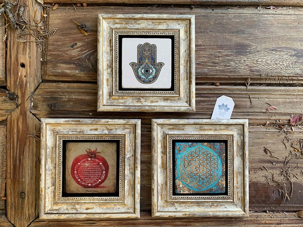 Oscar Stone Decor Çerçeveli Taş Duvar Dekoru Tablo 3'lü Set 20x20cm Fatma Ana Nar Dua Yaşam Çiçeği